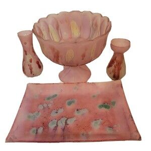 Vintage Hand Pigmented Jerusalem Israel Set Of Vases Tray And Dish Art Glass